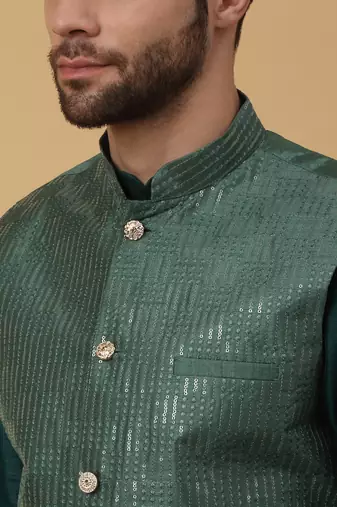 Men's Green Kurta and Churidar With Jacquard Ethnic Motifs Printed Nehru Jacket