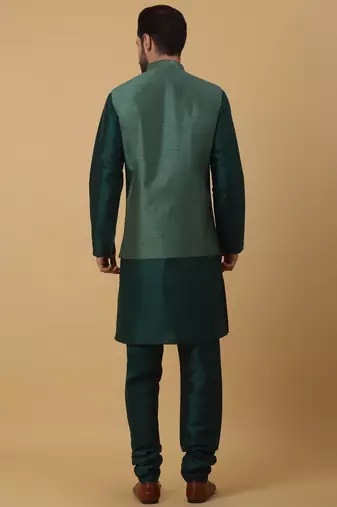 Men's Green Kurta and Churidar With Jacquard Ethnic Motifs Printed Nehru Jacket