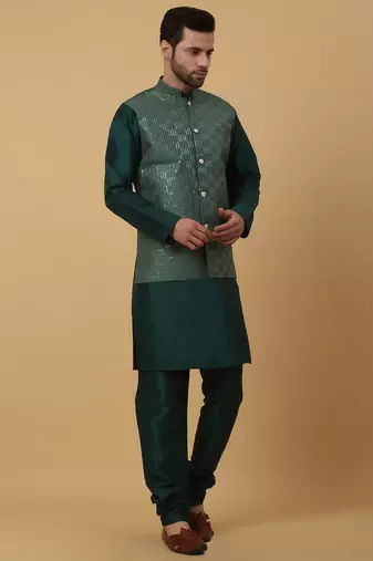 Men's Green Kurta and Churidar With Jacquard Ethnic Motifs Printed Nehru Jacket