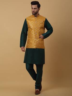 Men's Green Kurta and Churidar With Jacquard Ethnic Motifs Printed Nehru Jacket 1