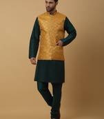 Men's Green Kurta and Churidar With Jacquard Ethnic Motifs Printed Nehru Jacket