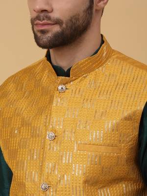 Men's Green Kurta and Churidar With Jacquard Ethnic Motifs Printed Nehru Jacket 2