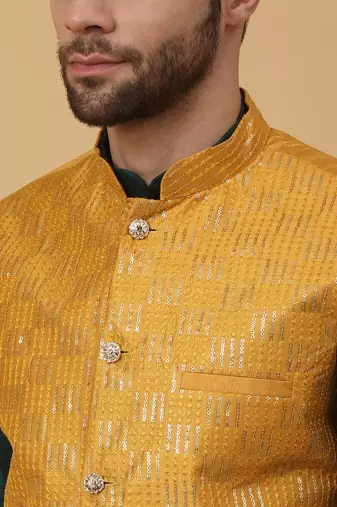 Men's Green Kurta and Churidar With Jacquard Ethnic Motifs Printed Nehru Jacket