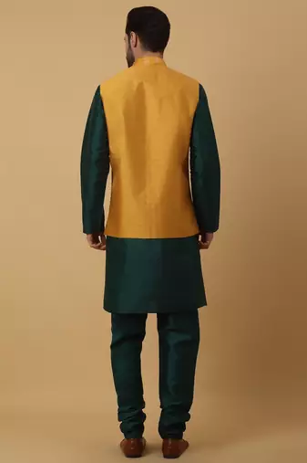 Men's Green Kurta and Churidar With Jacquard Ethnic Motifs Printed Nehru Jacket