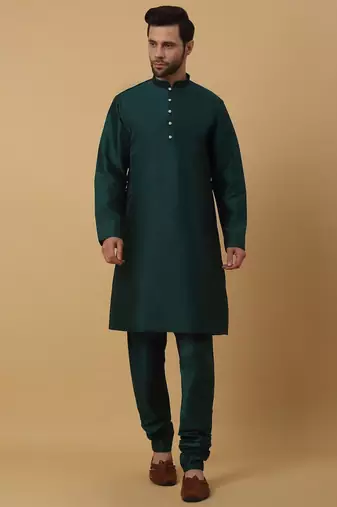 Men's Green Kurta and Churidar With Jacquard Ethnic Motifs Printed Nehru Jacket