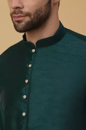 Men's Green Kurta and Churidar With Jacquard Ethnic Motifs Printed Nehru Jacket