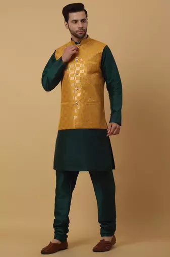 Men's Green Kurta and Churidar With Jacquard Ethnic Motifs Printed Nehru Jacket