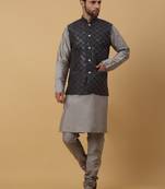 Men's Grey Kurta and Churidar With Jacquard Ethnic Motifs Printed Nehru Jacket