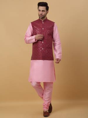 Men's Pink Kurta and Churidar With Jacquard Ethnic Motifs Printed Nehru Jacket 1