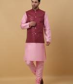 Men's Pink Kurta and Churidar With Jacquard Ethnic Motifs Printed Nehru Jacket