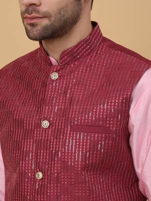 Men's Pink Kurta and Churidar With Jacquard Ethnic Motifs Printed Nehru Jacket 2