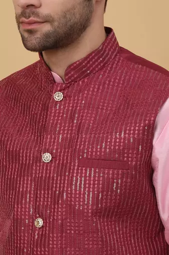 Men's Pink Kurta and Churidar With Jacquard Ethnic Motifs Printed Nehru Jacket