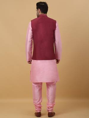 Men's Pink Kurta and Churidar With Jacquard Ethnic Motifs Printed Nehru Jacket 3