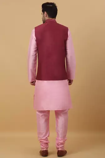 Men's Pink Kurta and Churidar With Jacquard Ethnic Motifs Printed Nehru Jacket