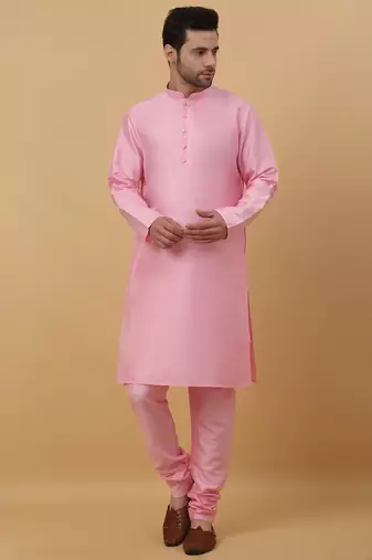 Men's Pink Kurta and Churidar With Jacquard Ethnic Motifs Printed Nehru Jacket