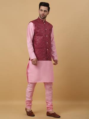 Men's Pink Kurta and Churidar With Jacquard Ethnic Motifs Printed Nehru Jacket 6