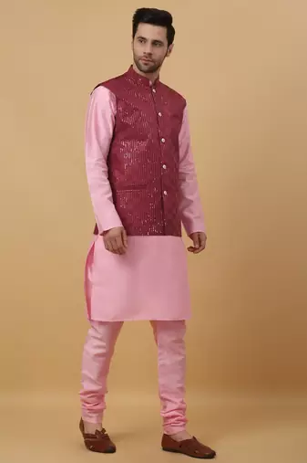 Men's Pink Kurta and Churidar With Jacquard Ethnic Motifs Printed Nehru Jacket