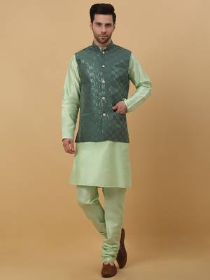 Men's Sea Green Kurta and Churidar With Jacquard Ethnic Motifs Printed Nehru Jacket 1