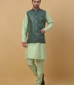 Men's Sea Green Kurta and Churidar With Jacquard Ethnic Motifs Printed Nehru Jacket