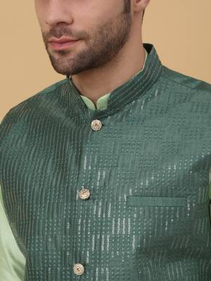 Men's Sea Green Kurta and Churidar With Jacquard Ethnic Motifs Printed Nehru Jacket 2