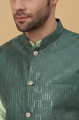Men's Sea Green Kurta and Churidar With Jacquard Ethnic Motifs Printed Nehru Jacket
