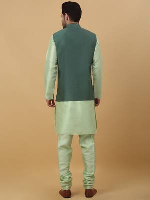 Men's Sea Green Kurta and Churidar With Jacquard Ethnic Motifs Printed Nehru Jacket 3