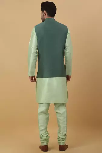 Men's Sea Green Kurta and Churidar With Jacquard Ethnic Motifs Printed Nehru Jacket