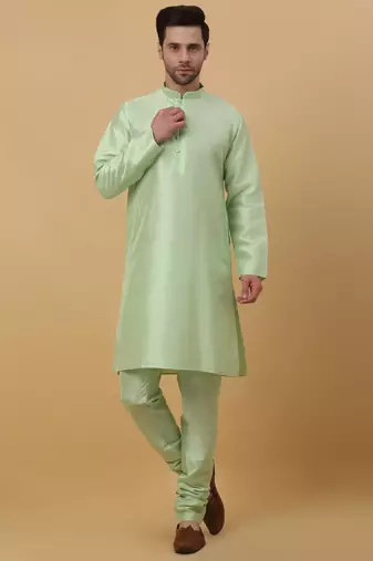 Men's Sea Green Kurta and Churidar With Jacquard Ethnic Motifs Printed Nehru Jacket