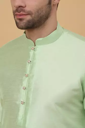 Men's Sea Green Kurta and Churidar With Jacquard Ethnic Motifs Printed Nehru Jacket