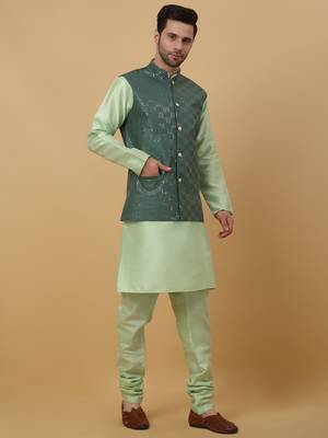 Men's Sea Green Kurta and Churidar With Jacquard Ethnic Motifs Printed Nehru Jacket 6