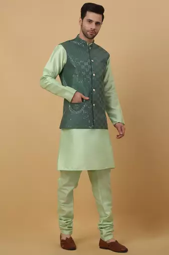 Men's Sea Green Kurta and Churidar With Jacquard Ethnic Motifs Printed Nehru Jacket