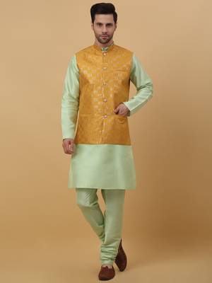 Men's Sea Green Kurta and Churidar With Jacquard Ethnic Motifs Printed Nehru Jacket 1