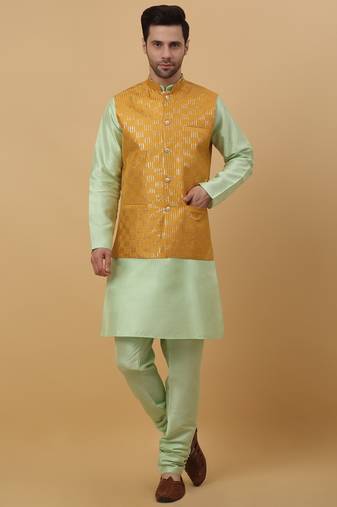 Men's Sea Green Kurta and Churidar With Jacquard Ethnic Motifs Printed Nehru Jacket