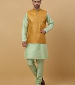 Men's Sea Green Kurta and Churidar With Jacquard Ethnic Motifs Printed Nehru Jacket