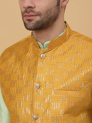 Men's Sea Green Kurta and Churidar With Jacquard Ethnic Motifs Printed Nehru Jacket 2