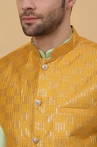 Men's Sea Green Kurta and Churidar With Jacquard Ethnic Motifs Printed Nehru Jacket
