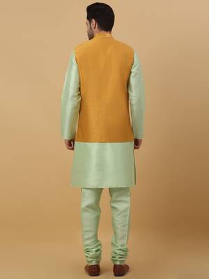 Men's Sea Green Kurta and Churidar With Jacquard Ethnic Motifs Printed Nehru Jacket 3