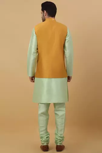 Men's Sea Green Kurta and Churidar With Jacquard Ethnic Motifs Printed Nehru Jacket