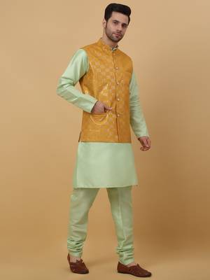 Men's Sea Green Kurta and Churidar With Jacquard Ethnic Motifs Printed Nehru Jacket 6