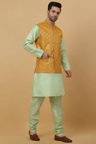 Men's Sea Green Kurta and Churidar With Jacquard Ethnic Motifs Printed Nehru Jacket
