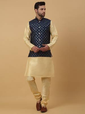 Men's Beige Kurta and Churidar With Jacquard Ethnic Nehru Jacket 1