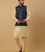 Men's Beige Kurta and Churidar With Jacquard Ethnic Nehru Jacket