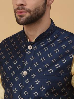 Men's Beige Kurta and Churidar With Jacquard Ethnic Nehru Jacket 2