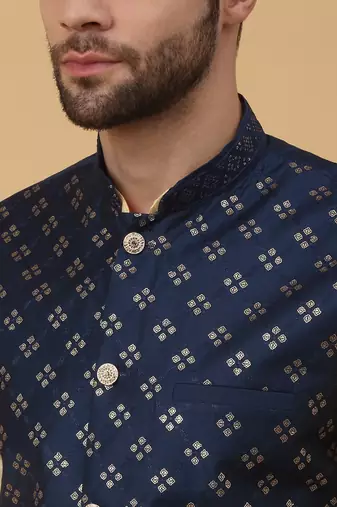 Men's Beige Kurta and Churidar With Jacquard Ethnic Nehru Jacket