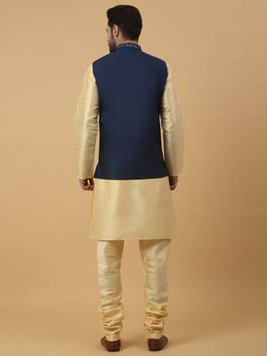Men's Beige Kurta and Churidar With Jacquard Ethnic Nehru Jacket 3