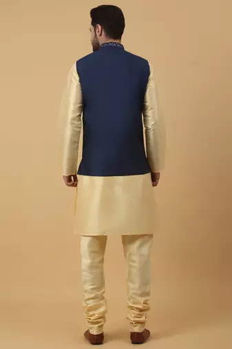 Men's Beige Kurta and Churidar With Jacquard Ethnic Nehru Jacket
