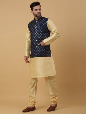 Men's Beige Kurta and Churidar With Jacquard Ethnic Nehru Jacket 6
