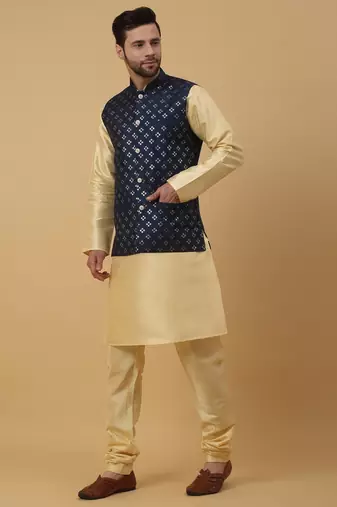 Men's Beige Kurta and Churidar With Jacquard Ethnic Nehru Jacket