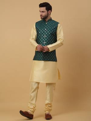 Men's Beige Kurta and Churidar With Jacquard Ethnic Nehru Jacket 1