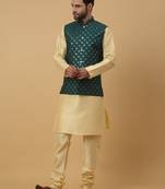 Men's Beige Kurta and Churidar With Jacquard Ethnic Nehru Jacket